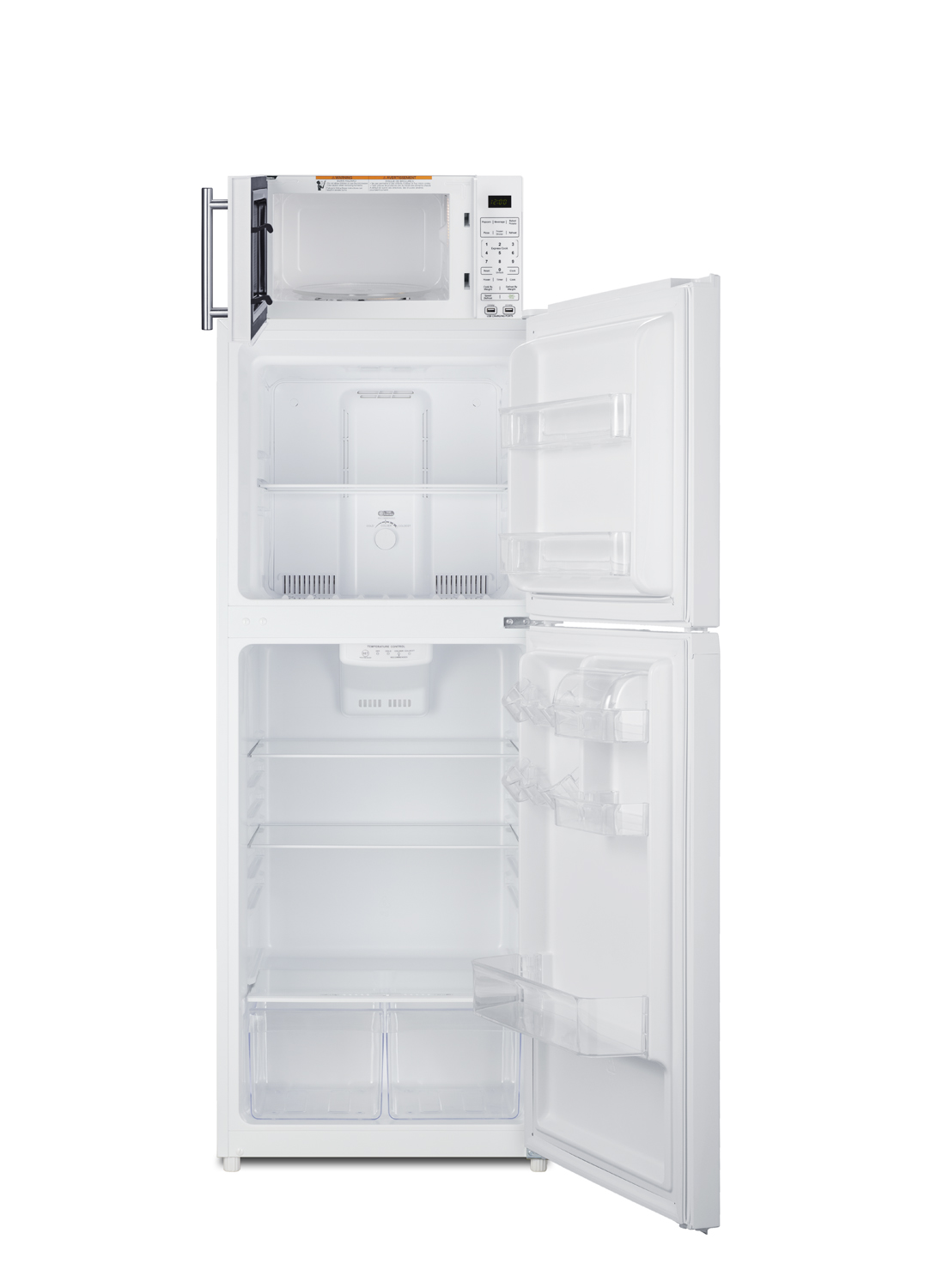 Frost-free 10.1 cu.ft. refrigerator-freezer and compact microwave in white with allocator and USB ports for 1-plug operation; ships fully assembled
